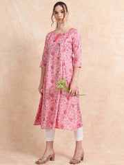 Pink Slub Cotton Floral Printed A-Line Kurti
